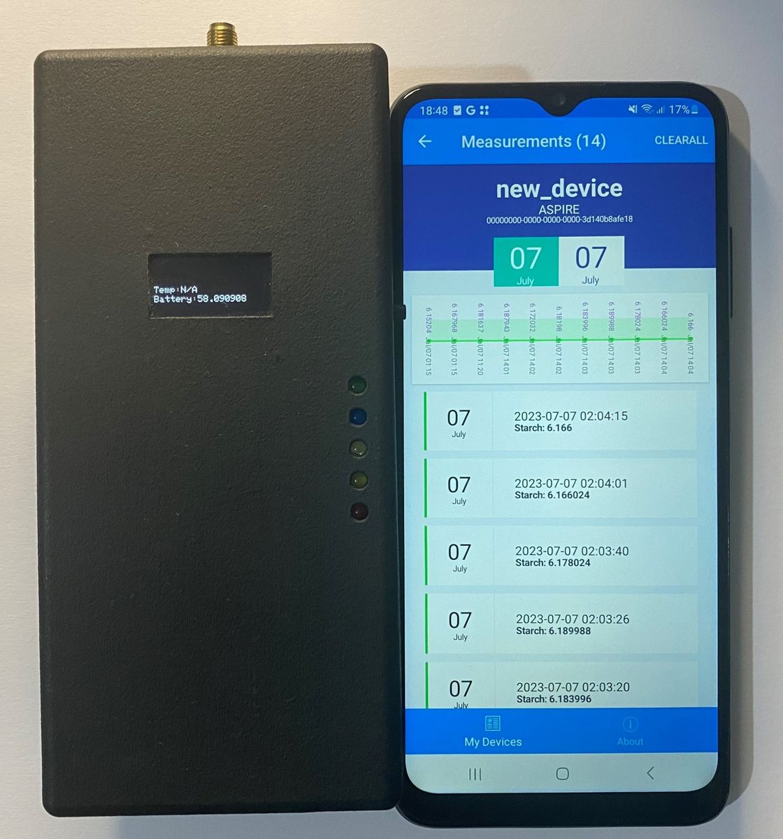 Handheld RF sensor with a small display, next to a phone app listing starch readings